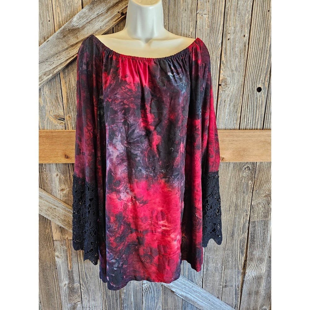 Kaktus size 1X women's career casual loose fit blouse lace accent ^